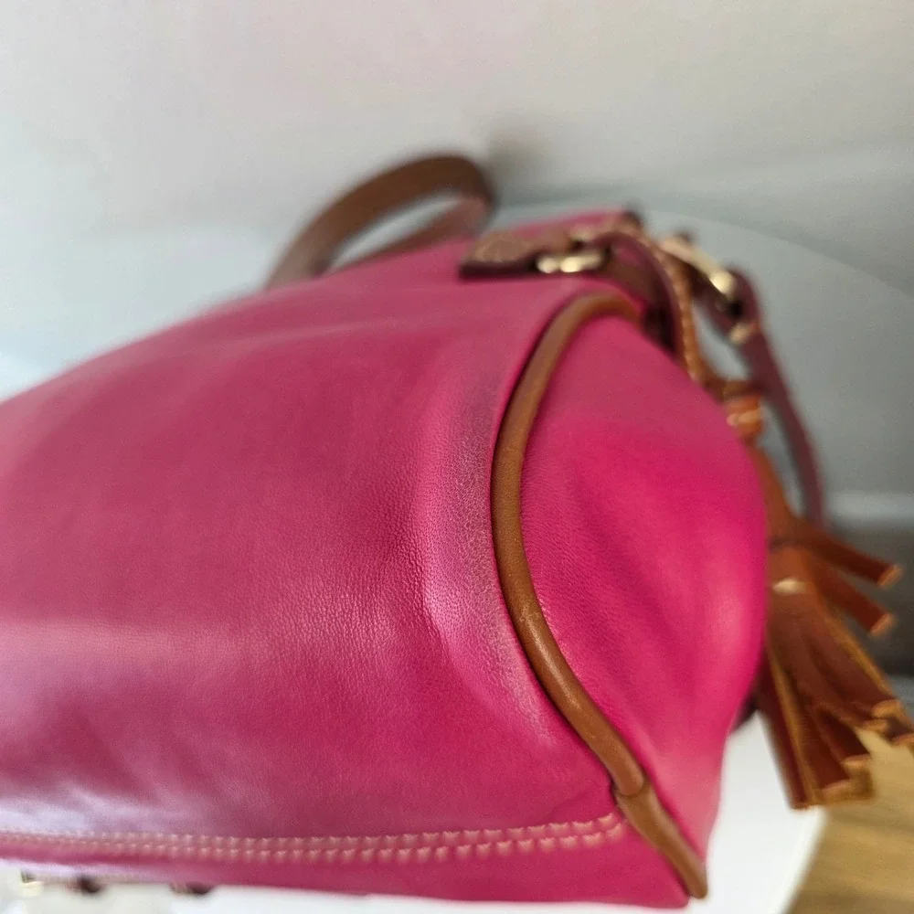 Dooney & Bourke Lambskin Leather Crossbody Bag Fuschia Brown Trim Tassels Rare - Picture 10 of 16